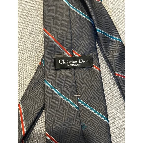 Vintage Christian Dior Logo Neck Tie Navy Light Blue Striped Thin Skinny 2.75" - Picture 3 of 5